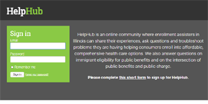 Login page of HelpHub, now operated by the Shriver Center.